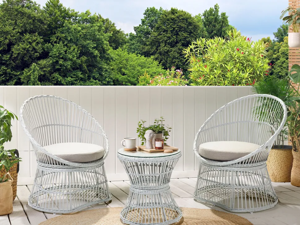 Conjunto De Jardim Em Rattan Sintetico Branco Acinzentado Mesyna