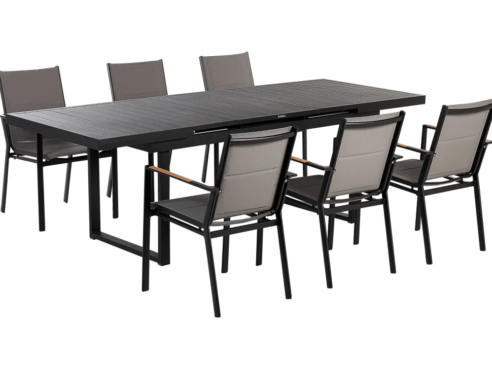 Conjunto De Refeicao De Jardim 6 Lugares Em Aluminio Preto E Almofadas Cinzentas Valcanetto/Busseto