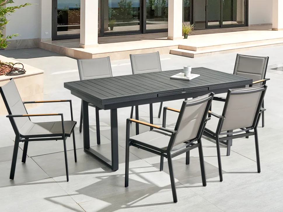 Conjunto De Refeicao De Jardim 6 Lugares Em Aluminio Preto E Almofadas Cinzentas Valcanetto/Busseto