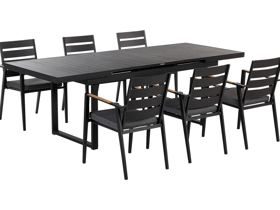 Conjunto De Refeicao De Jardim 6 Lugares Em Aluminio Preto E Almofadas Cinzentas Valcanetto/Taviano