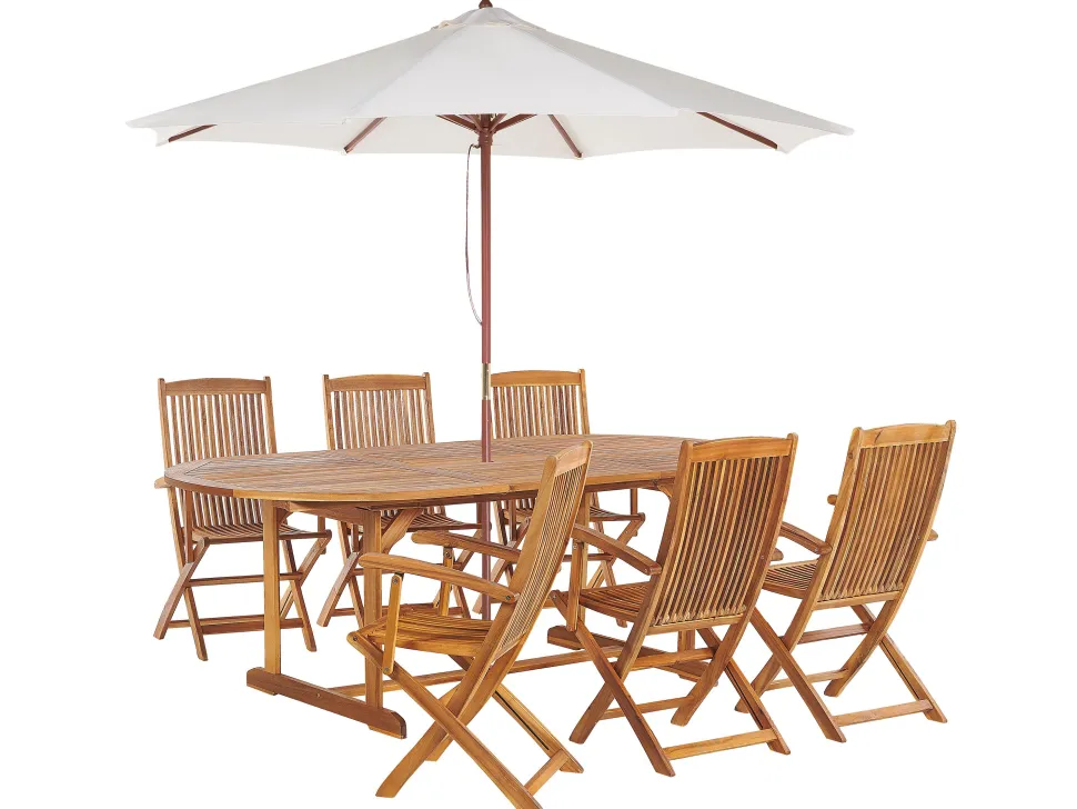 Conjunto De Refeicao De Jardim 6 Lugares Em Madeira De Acacia E Guarda-Sol Maui