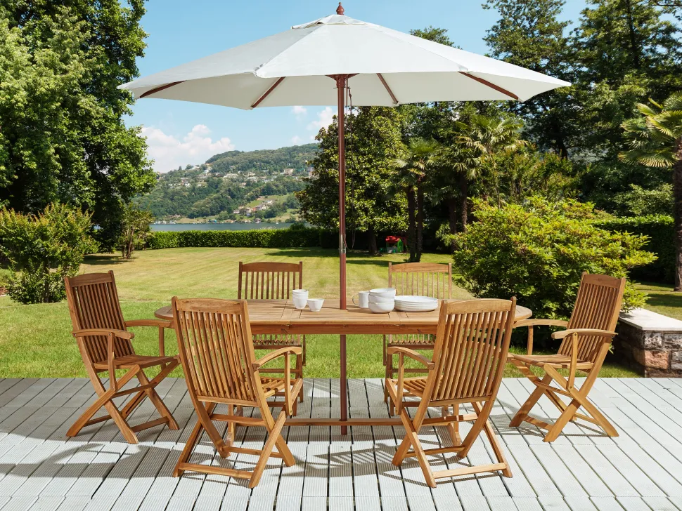 Conjunto De Refeicao De Jardim 6 Lugares Em Madeira De Acacia E Guarda-Sol Maui
