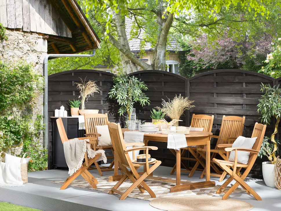 Conjunto De Refeicao De Jardim 6 Lugares Em Madeira De Acacia E Guarda-Sol Maui