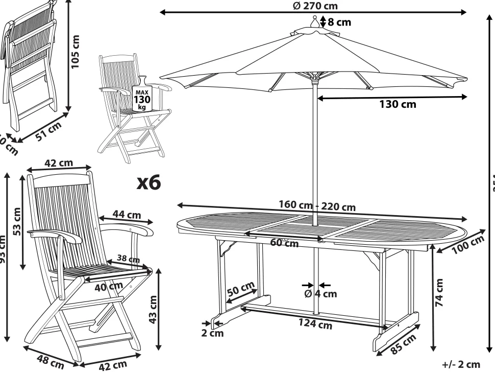Conjunto De Refeicao De Jardim 6 Lugares Em Madeira De Acacia E Guarda-Sol Maui