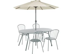 Conjunto De Refeicao De Jardim 4 Lugares Em Metal Azul Claro E Guarda-Sol Calvi