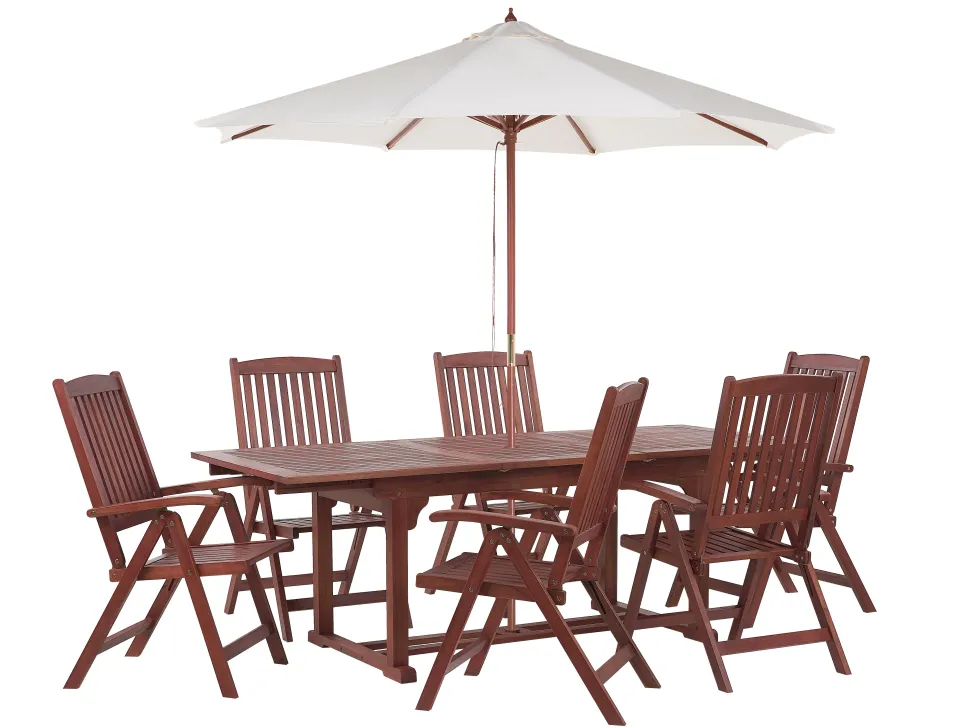 Conjunto De Refeicao De Jardim 6 Lugares Em Madeira Acacia E Guarda-Sol Toscana