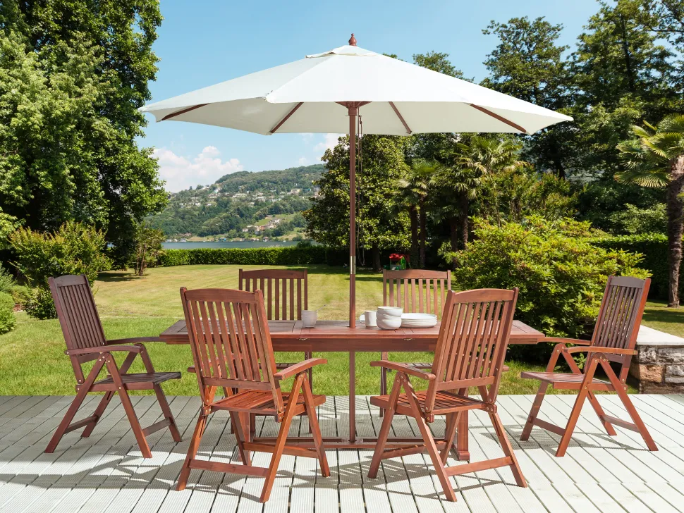 Conjunto De Refeicao De Jardim 6 Lugares Em Madeira Acacia E Guarda-Sol Toscana