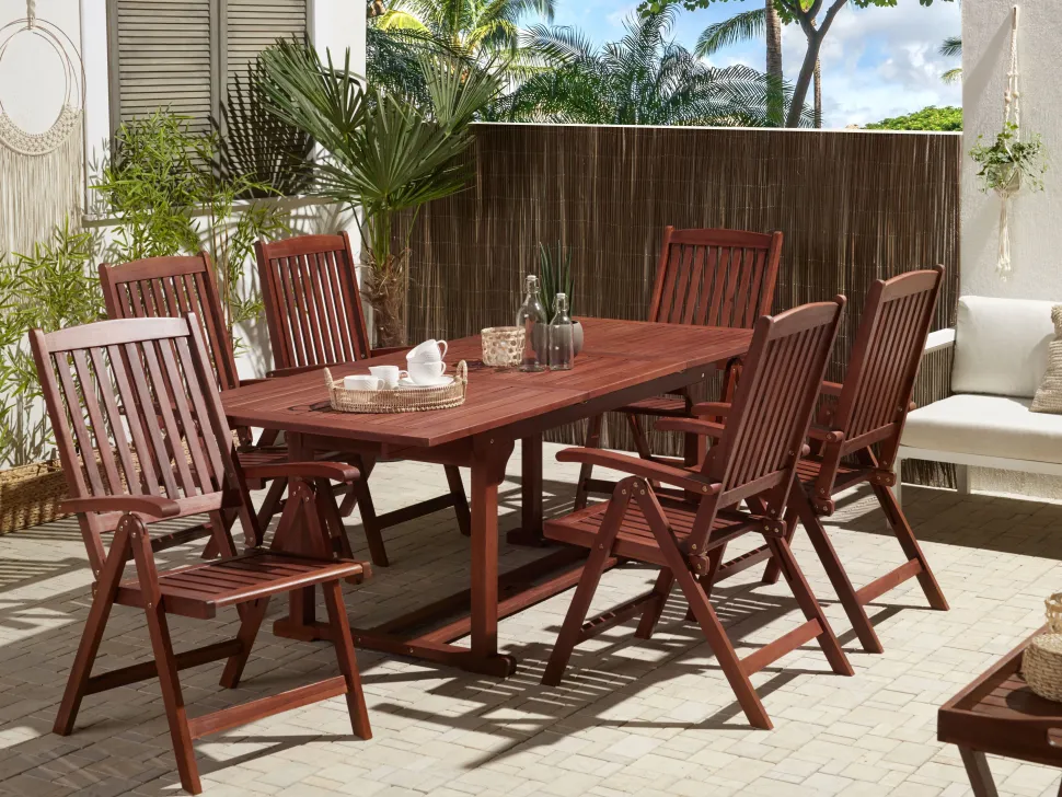 Conjunto De Refeicao De Jardim 6 Lugares Em Madeira Acacia E Guarda-Sol Toscana