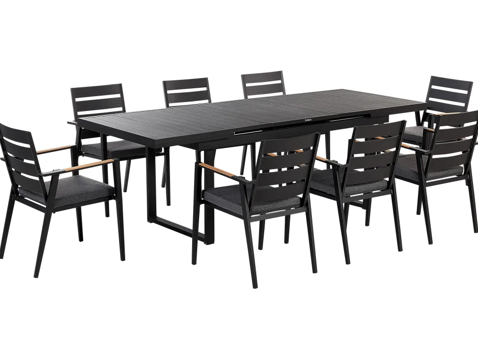 Conjunto De Refeicao De Jardim 8 Lugares Em Aluminio Preto E Almofadas Cinzentas Valcanetto/Taviano
