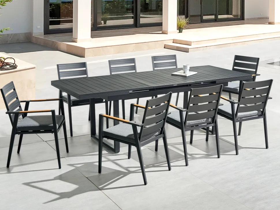 Conjunto De Refeicao De Jardim 8 Lugares Em Aluminio Preto E Almofadas Cinzentas Valcanetto/Taviano