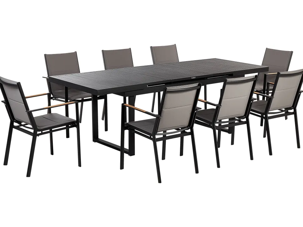 Conjunto De Refeicao De Jardim 8 Lugares Em Aluminio Preto E Almofadas Cinzentas Valcanetto/Busseto