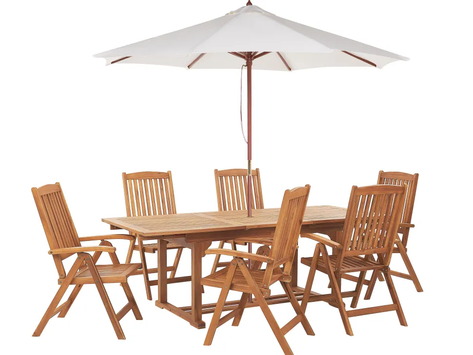 Conjunto De Refeicao De Jardim 6 Lugares Em Madeira De Acacia E Guarda-Sol Java