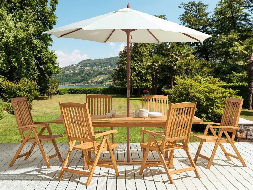 Conjunto De Refeicao De Jardim 6 Lugares Em Madeira De Acacia E Guarda-Sol Java
