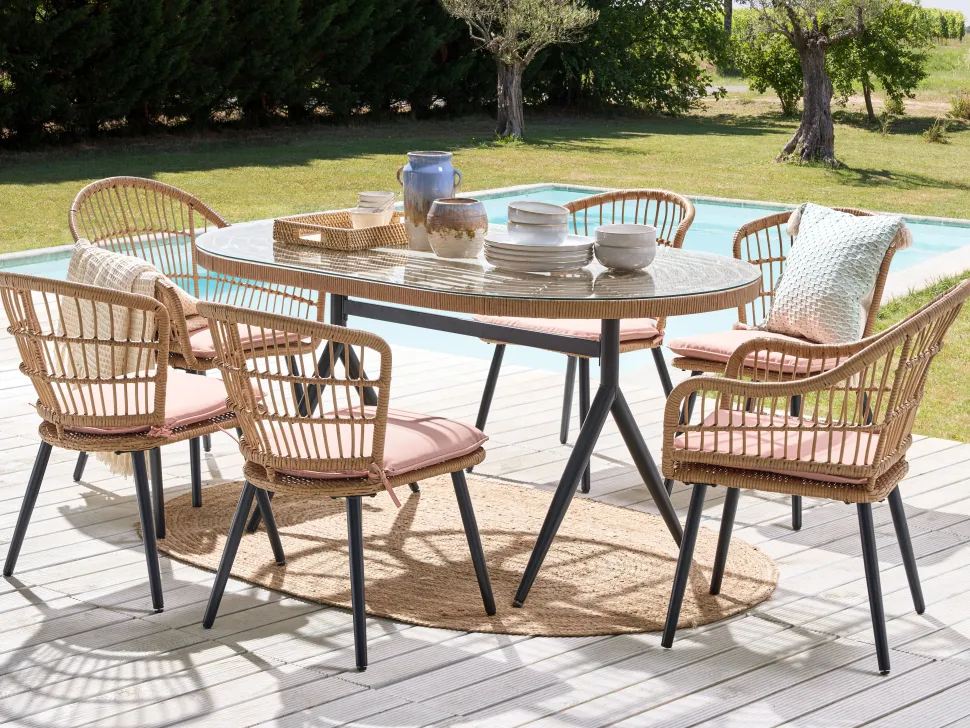Conjunto De Refeicao De Jardim Com 6 Lugares Em Rattan Rosa Pastel Aliano Ii