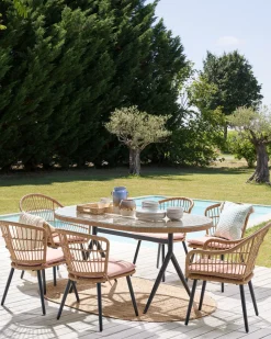 Conjunto De Refeicao De Jardim Com 6 Lugares Em Rattan Rosa Pastel Aliano Ii