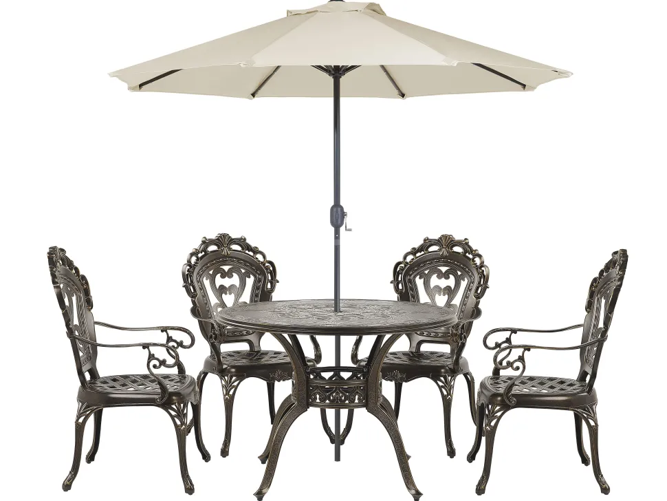 Conjunto De Refeicao De Jardim 4 Lugares Em Metal Castanho E Guarda-Sol Sapri