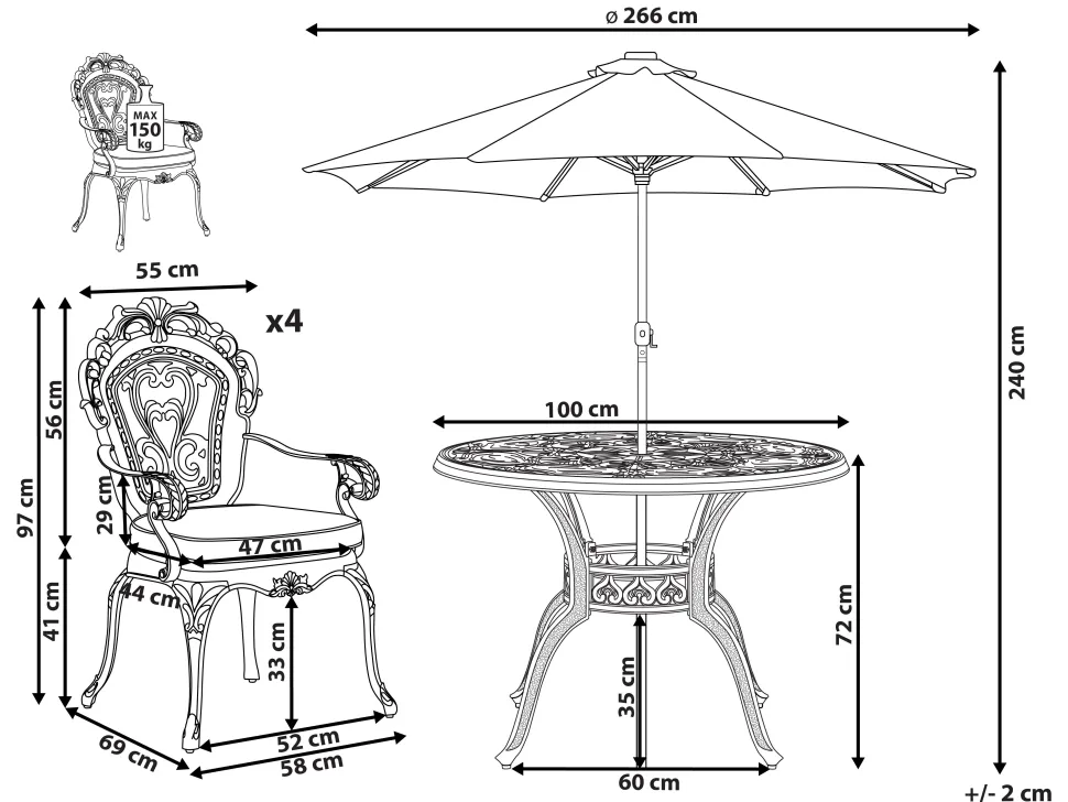 Conjunto De Refeicao De Jardim 4 Lugares Em Metal Castanho E Guarda-Sol Sapri