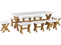Conjunto De Refeicoes Com Mesa Em Fibra De Cimento E 8 Tamboretes Brancos Olbia