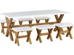 Conjunto De Refeicoes Com Mesa Em Fibra De Cimento E 6 Tamboretes Brancos Olbia
