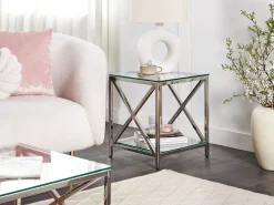 Mesa De Apoio Prateada Com Tampo De Vidro Audet