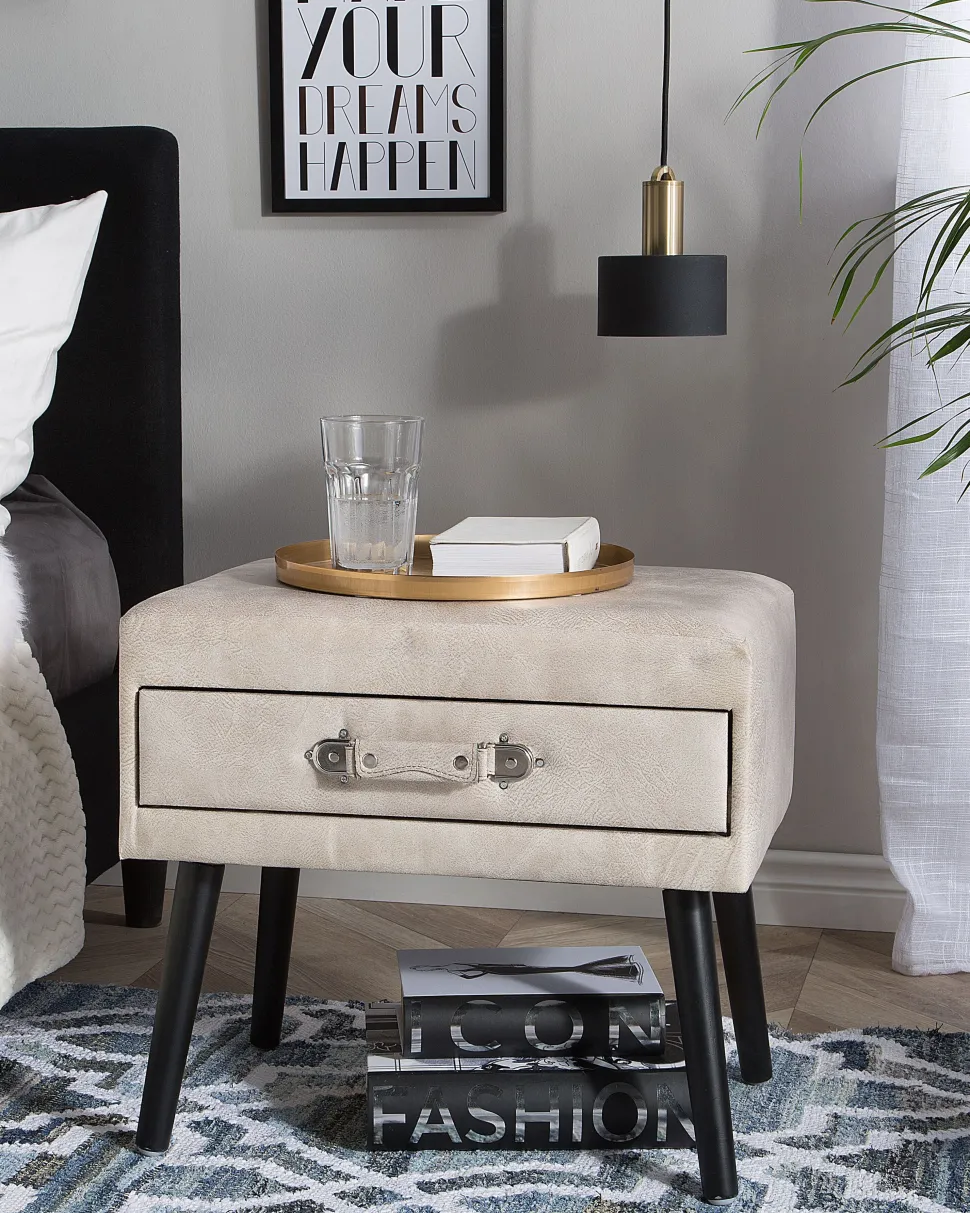 Mesa De Cabeceira Com 1 Gaveta Em Pele Sintetica Creme Eurostar