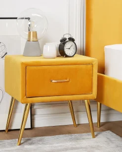 Mesa De Cabeceira Com 1 Gaveta Em Veludo Amarelo Flayat