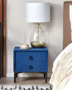 Mesa De Cabeceira Com 2 Gavetas Em Veludo Azul Marinho Sezanne