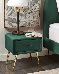 Mesa De Cabeceira Com 1 Gaveta Em Veludo Verde Esmeralda Flayat