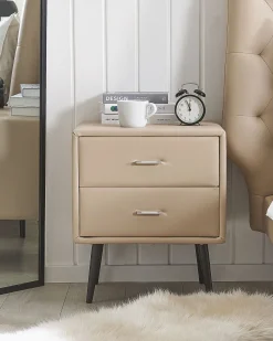 Mesa De Cabeceira Com 2 Gavetas Em Pele Sintetica Creme Essonne