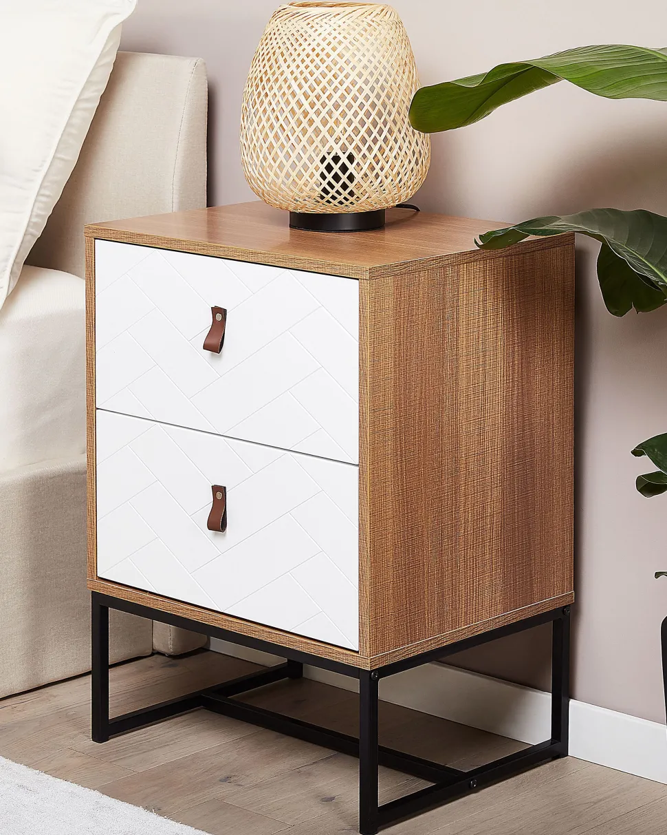 Mesa De Cabeceira Com 2 Gavetas Em Madeira Clara E Branco Nueva