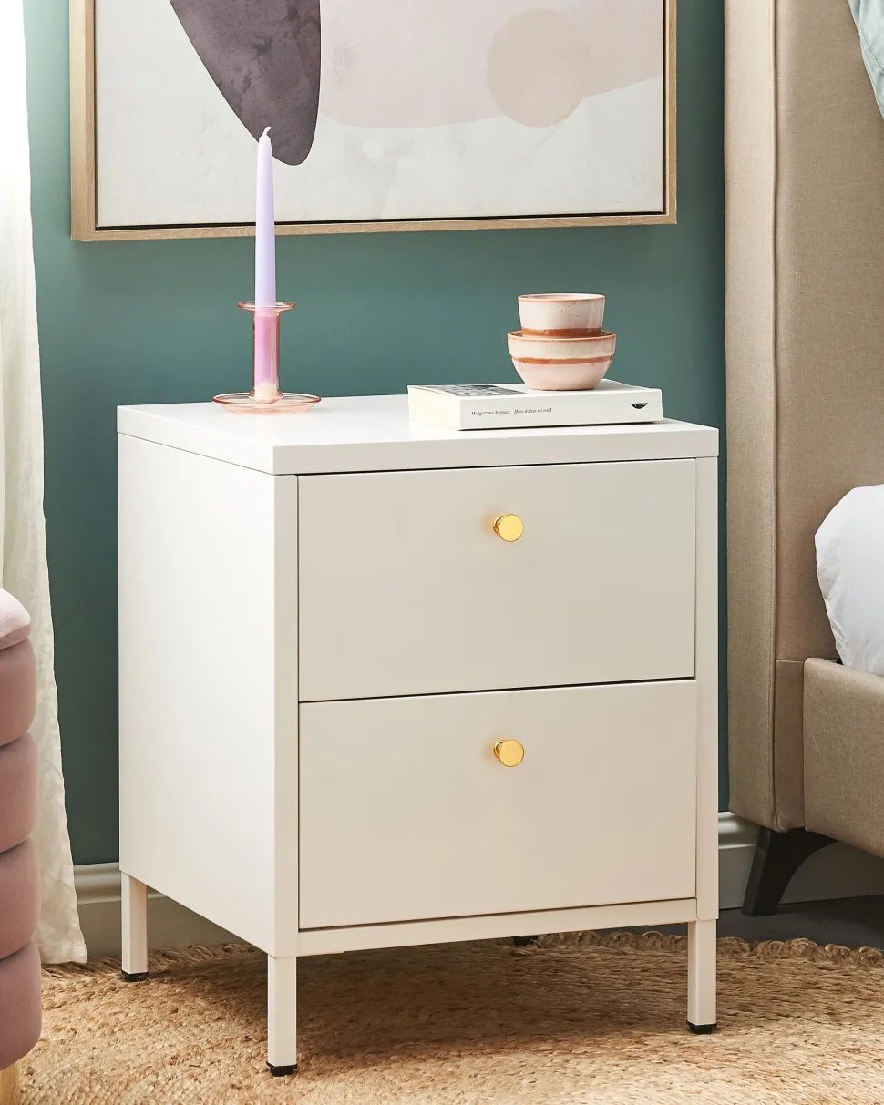 Mesa De Cabeceira Com 2 Gavetas Em Metal Branco Kylea