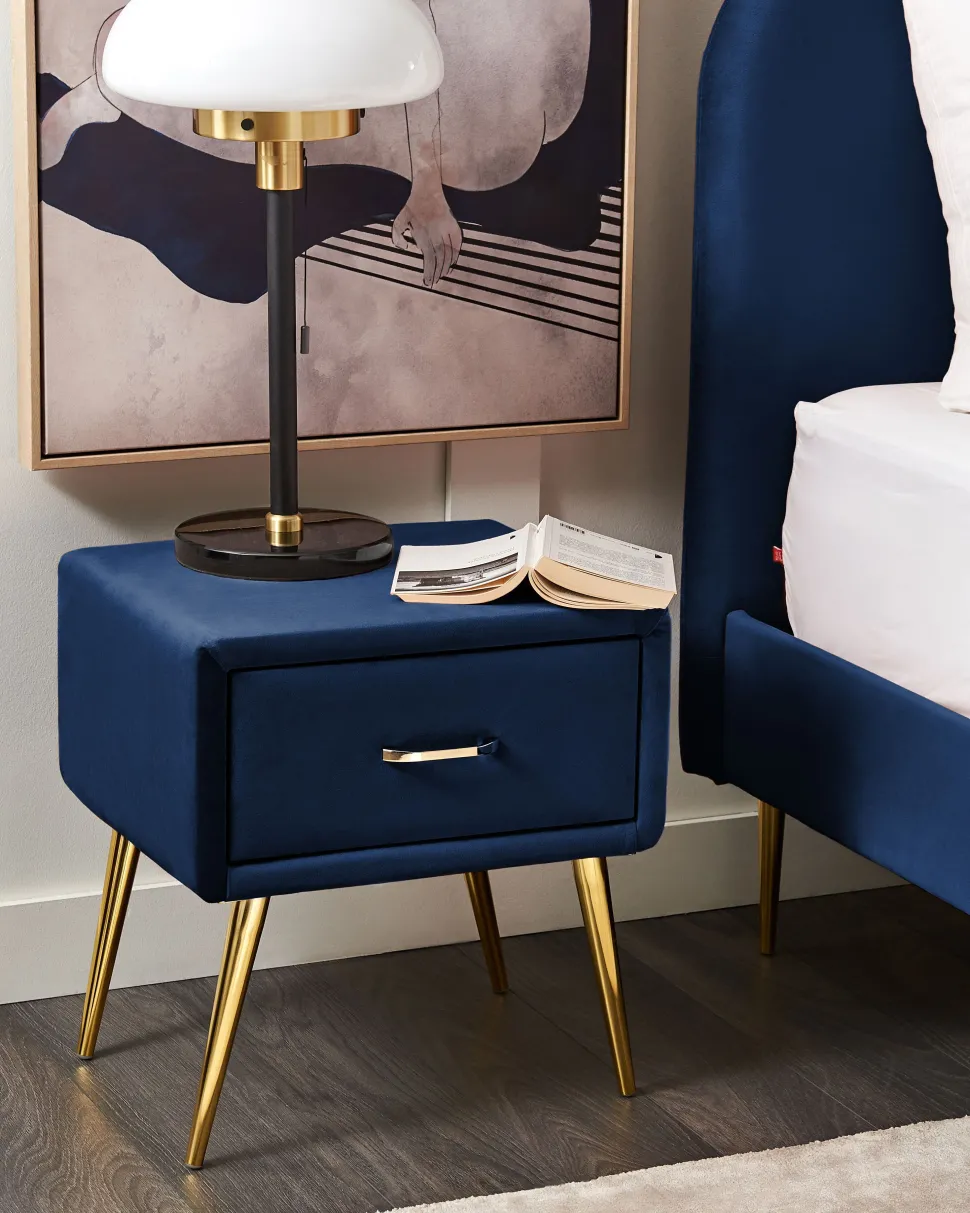 Mesa De Cabeceira Com 1 Gaveta Em Veludo Azul Marinho Flayat