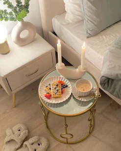 Mesa De Cabeceira Com 1 Gaveta Em Veludo Creme Flayat