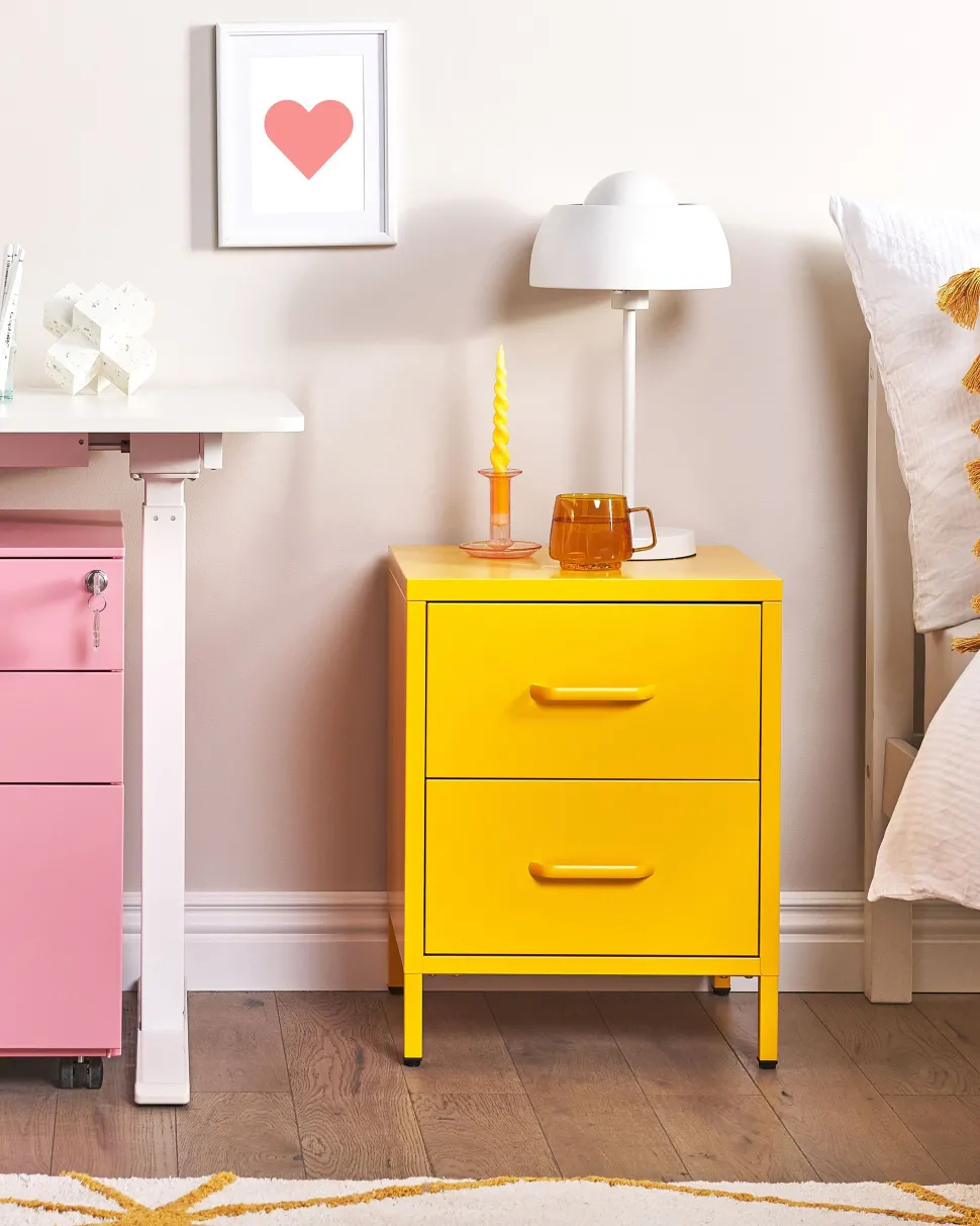 Mesa De Cabeceira Com 2 Gavetas Em Metal Amarelo Malavi