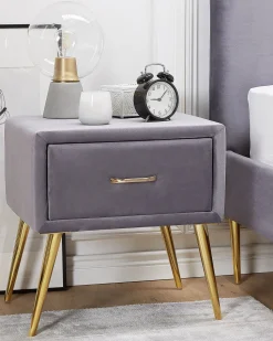 Mesa De Cabeceira Com 1 Gaveta Em Veludo Cinzento Flayat