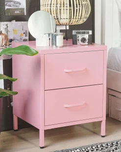 Mesa De Cabeceira Com 2 Gavetas Em Metal Rosa Malavi
