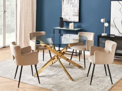 Mesa De Jantar Redonda Com Vidro Temperado E Pernas Douradas 120 Cm Maramo