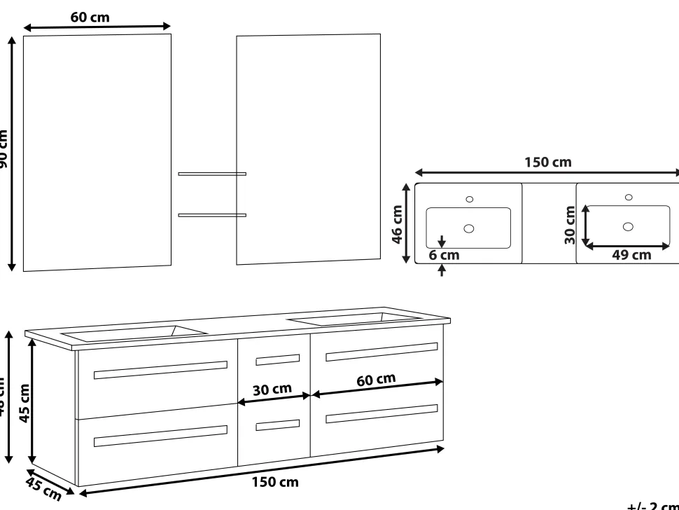 Movel De Casa De Banho Com Gavetas, 2 Lavatorios E 2 Espelhos Creme Madrid