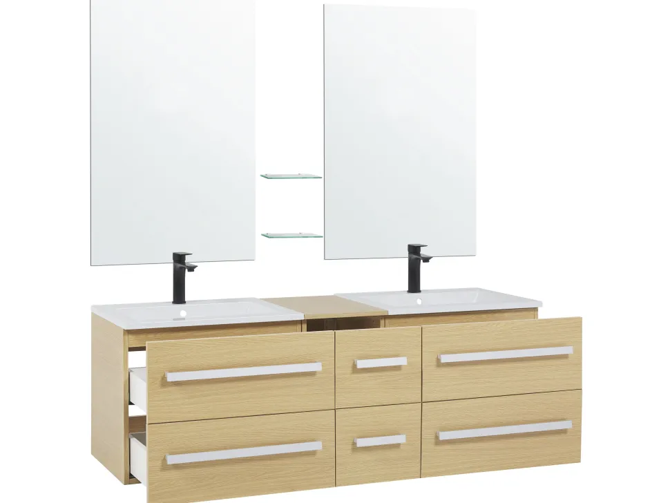 Movel De Casa De Banho Com Gavetas, 2 Lavatorios E 2 Espelhos Creme Madrid