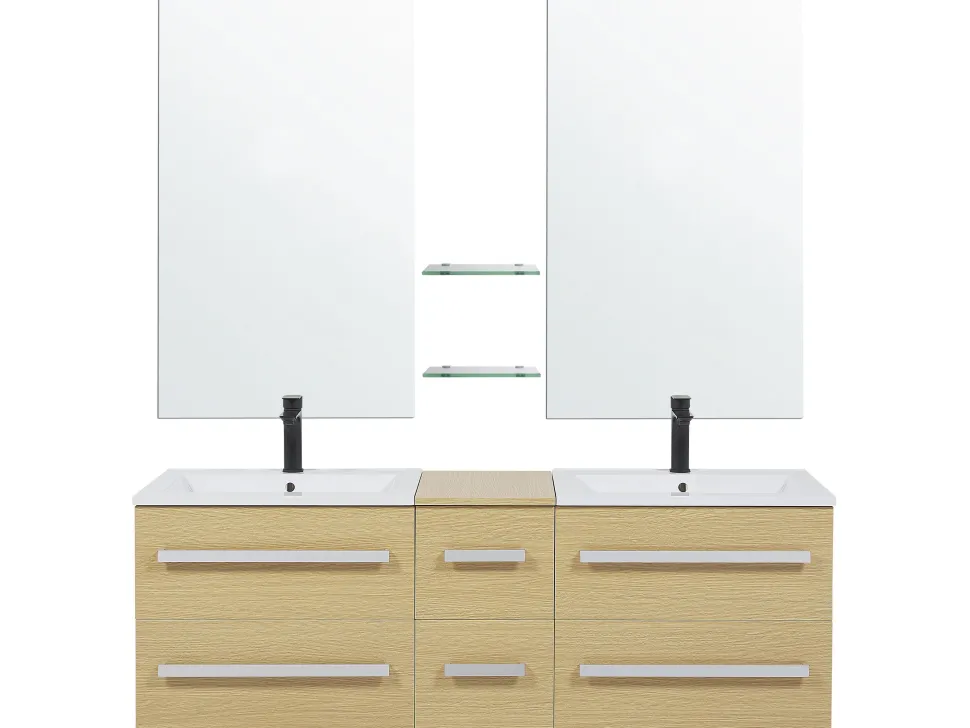 Movel De Casa De Banho Com Gavetas, 2 Lavatorios E 2 Espelhos Creme Madrid