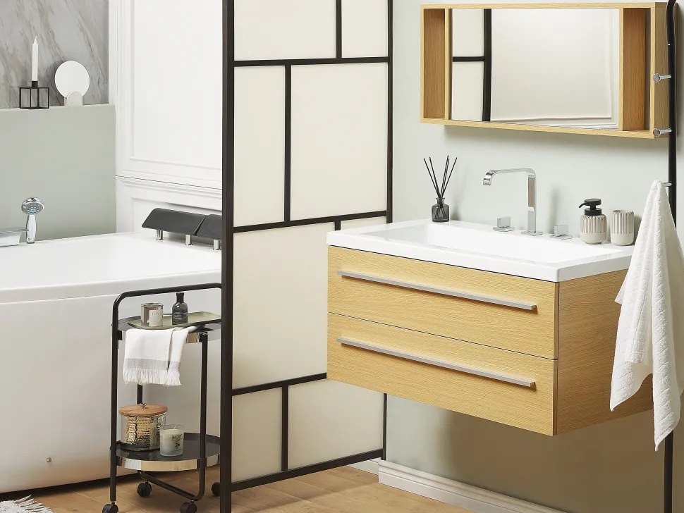 Movel De Casa De Banho Flutuante Com Lavatorio E Espelho Creme Almeria