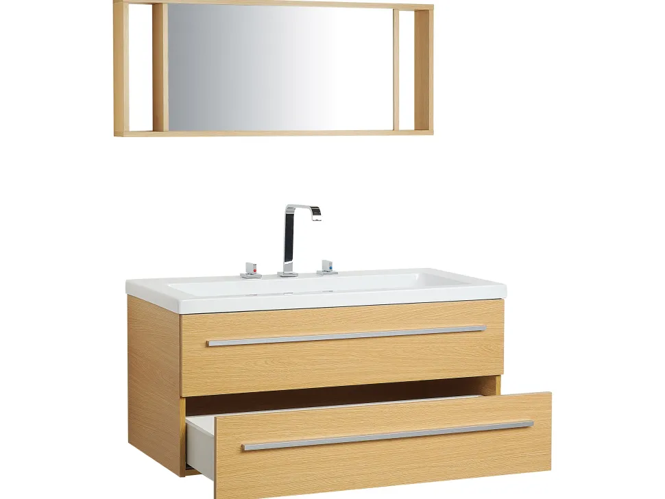 Movel De Casa De Banho Flutuante Com Lavatorio E Espelho Creme Almeria