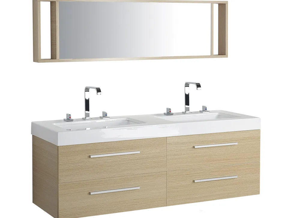 Movel De Casa De Banho Suspenso Com 2 Lavatorios E Espelho Creme Malaga