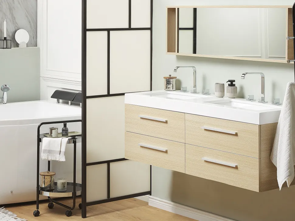 Movel De Casa De Banho Suspenso Com 2 Lavatorios E Espelho Creme Malaga