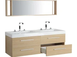 Movel De Casa De Banho Suspenso Com 2 Lavatorios E Espelho Creme Malaga