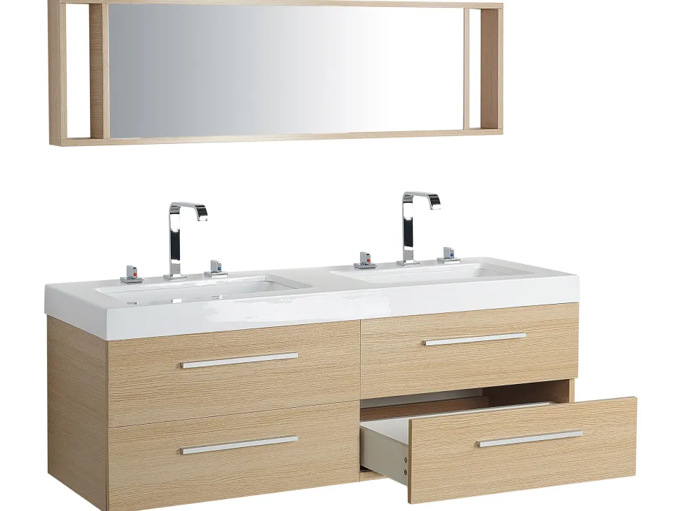 Movel De Casa De Banho Suspenso Com 2 Lavatorios E Espelho Creme Malaga