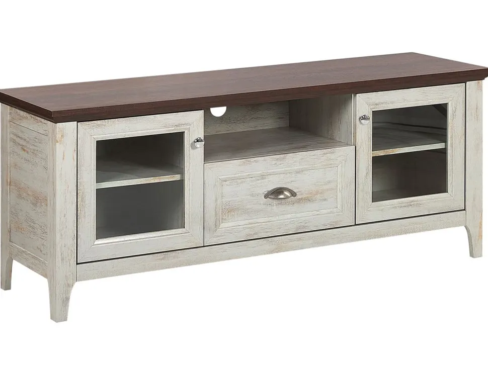Movel De Tv Com 1 Gaveta E 2 Portas Branco E Cor De Madeira Escura Creme Medan