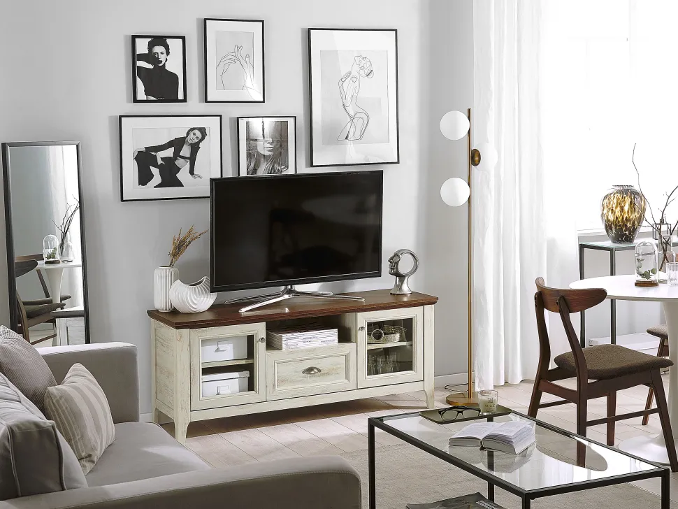 Movel De Tv Com 1 Gaveta E 2 Portas Branco E Cor De Madeira Escura Creme Medan