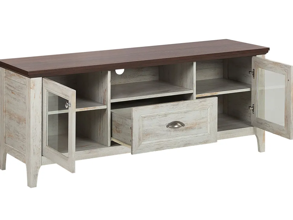 Movel De Tv Com 1 Gaveta E 2 Portas Branco E Cor De Madeira Escura Creme Medan