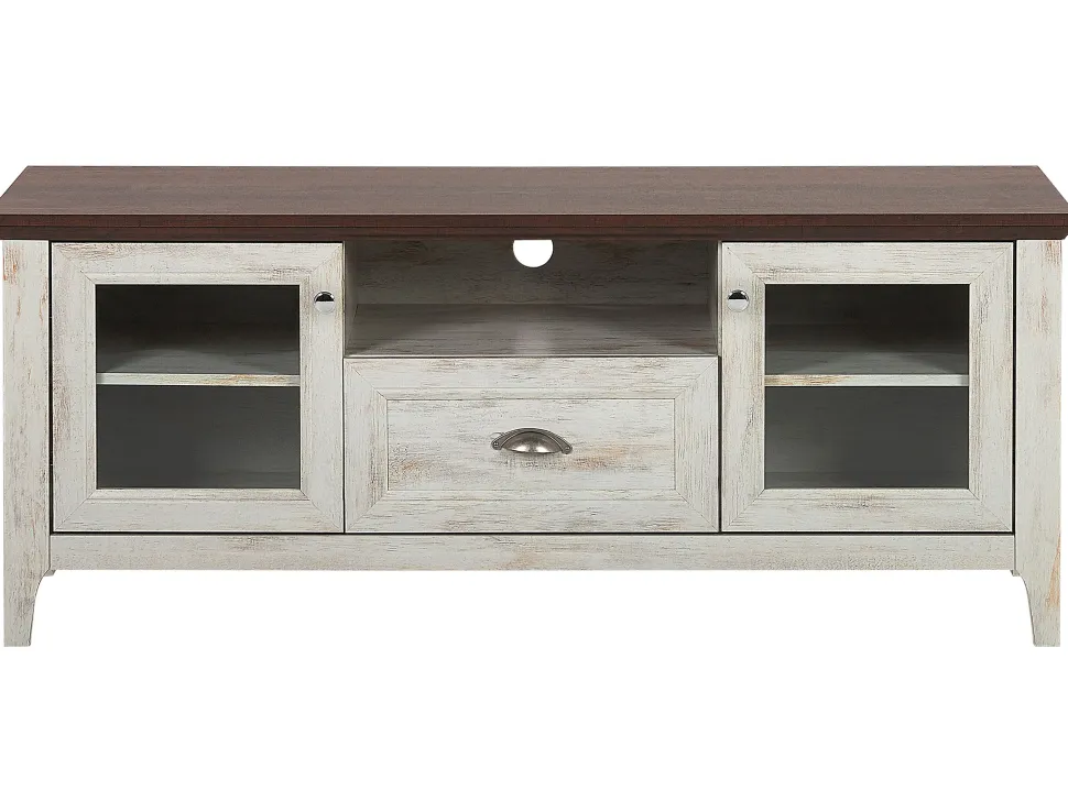 Movel De Tv Com 1 Gaveta E 2 Portas Branco E Cor De Madeira Escura Creme Medan